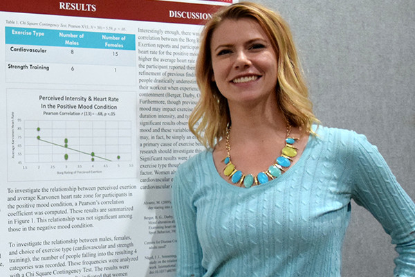 Student in a blue sweater standing in front of a research poster