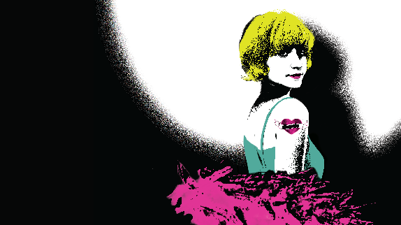 A woman with yellow hair looks over her shoulder at the viewer. She has a tattoo that says "Charlie" on her right arm. This is a decorative image to advertise SUU's production of Sweet Charity.