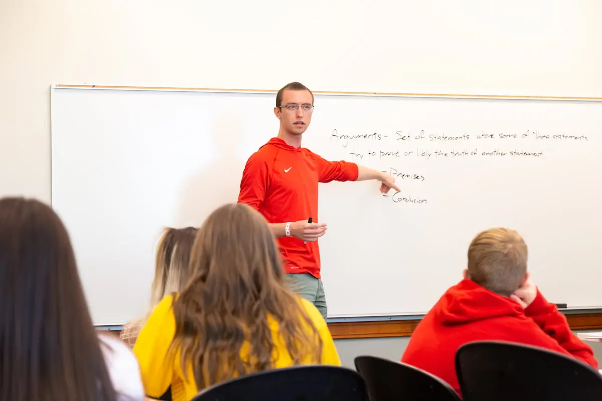 Southern Utah University Philosophy professor teaching students in classroom for bachelor degree program.