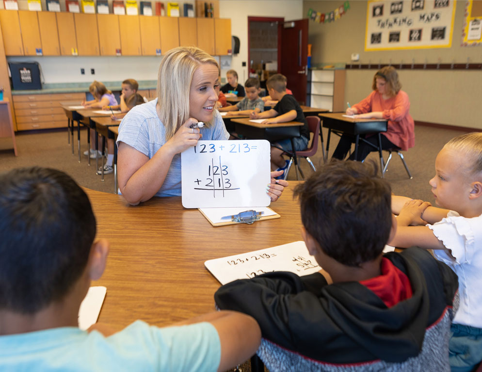 Teacher working with students in a classroom