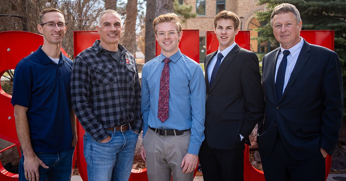 Josh Meacham, Eric Lewis from GAF, stand with winners: Matt Cherry, Thomas Daniels, and Matt Lindsey