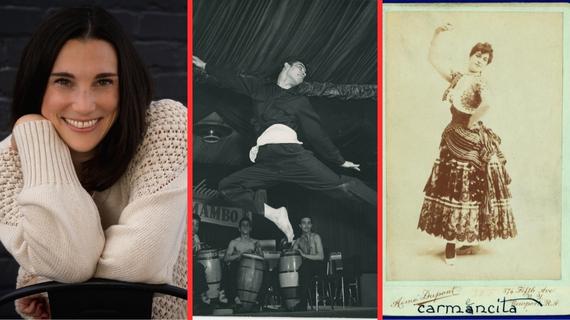 Three images. From left to right - Brynn Shiovitz's headshot, a mambo dancer from the '50s, and an antique photo of a Spanish Dancer.